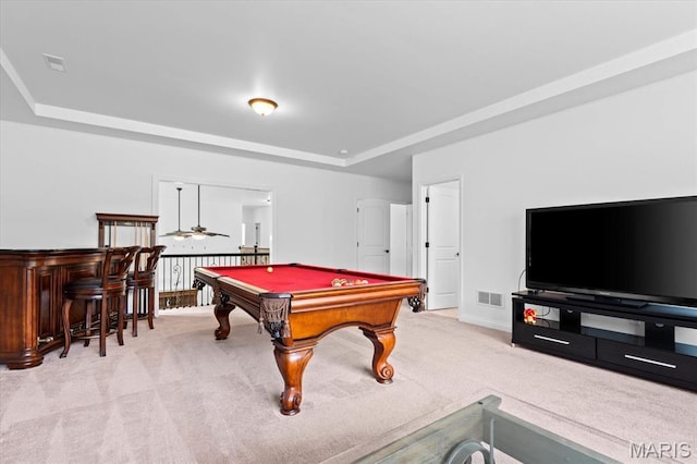 rec room featuring a raised ceiling, carpet flooring, billiards table, and a ceiling fan