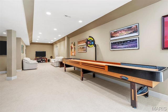 recreation room featuring carpet flooring, baseboards, and recessed lighting