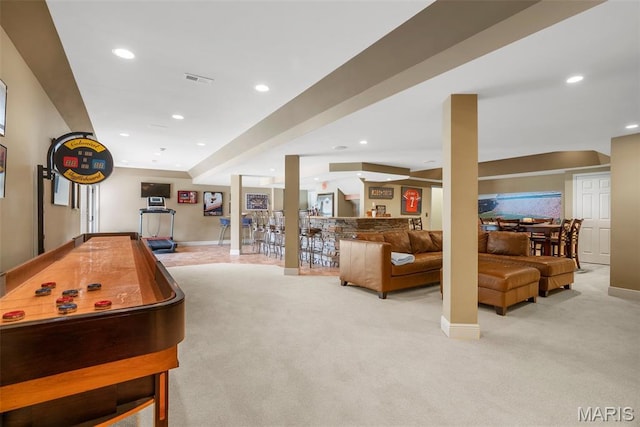 rec room featuring light carpet, baseboards, and recessed lighting
