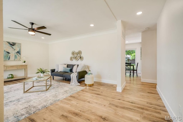 3313 Princeton Dr, Granite City, IL 62040 - living area with ceiling fan, wood finished floors, baseboards, crown molding, and recessed lighting
