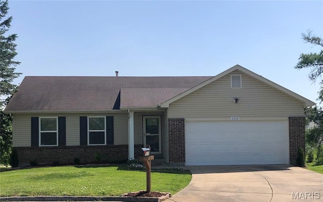 1215 Brookstone Ln, Lake St Louis, MO 63367 - ranch-style house with brick siding, driveway, an attached garage, and a front yard