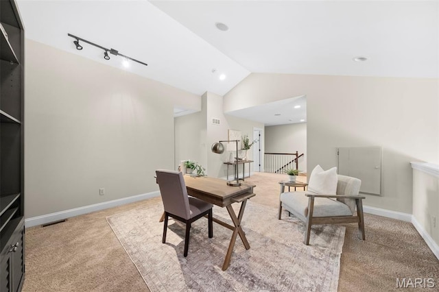 427 Newkirk Cir, Saint Charles, MO 63303 - office space featuring light carpet, lofted ceiling, and baseboards