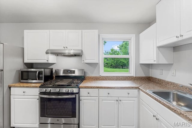 284 Ramsey Ln, Ballwin, MO 63021 - kitchen with stainless steel appliances, under cabinet range hood, a sink, and white cabinets