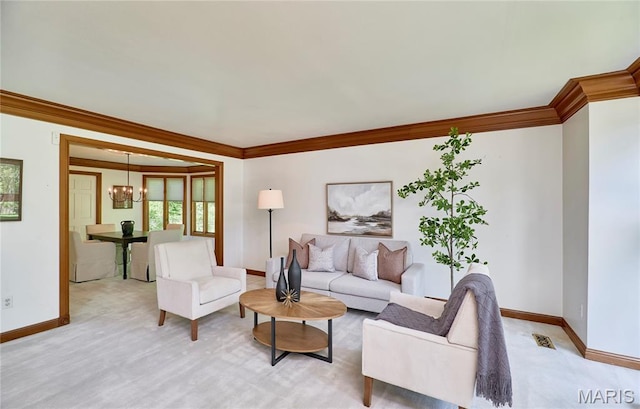14424 Valley Meadow Ct W, Chesterfield, MO 63017 - living area featuring crown molding and a chandelier