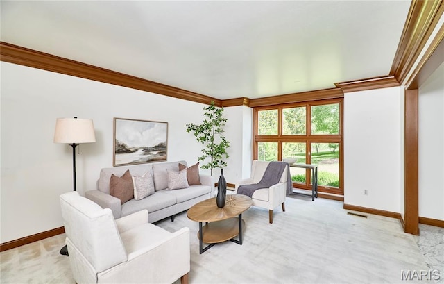 14424 Valley Meadow Ct W, Chesterfield, MO 63017 - living room with crown molding and light carpet