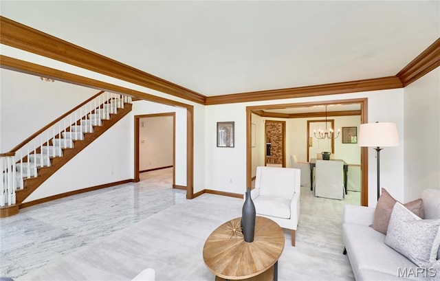 14424 Valley Meadow Ct W, Chesterfield, MO 63017 - living room with stairs, a chandelier, and ornamental molding