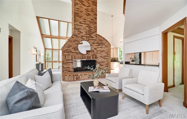 14424 Valley Meadow Ct W, Chesterfield, MO 63017 - living room featuring high vaulted ceiling, carpet flooring, and a brick fireplace