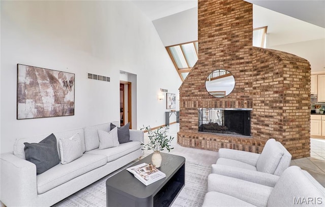 14424 Valley Meadow Ct W, Chesterfield, MO 63017 - living room featuring high vaulted ceiling and a brick fireplace
