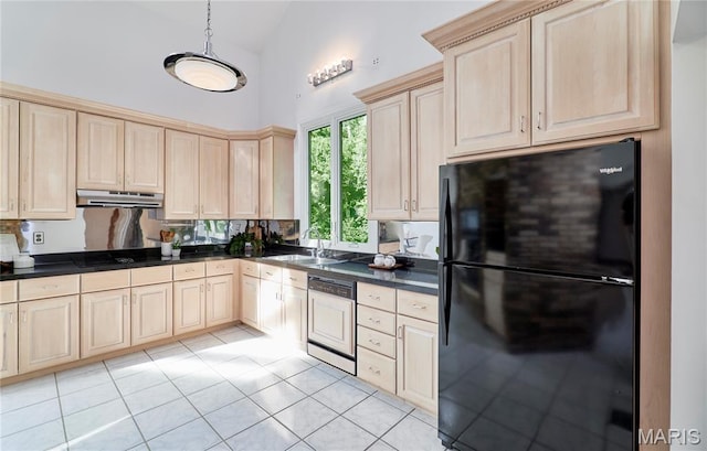 14424 Valley Meadow Ct W, Chesterfield, MO 63017 - kitchen featuring black appliances, light brown cabinets, under cabinet range hood, dark countertops, and high vaulted ceiling