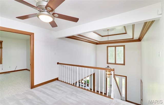 14424 Valley Meadow Ct W, Chesterfield, MO 63017 - unfurnished room with a tray ceiling, crown molding, carpet floors, and a ceiling fan