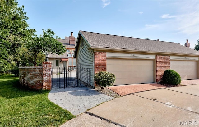 14424 Valley Meadow Ct W, Chesterfield, MO 63017 - view of side of property featuring brick siding, a garage, roof with shingles, and a gate