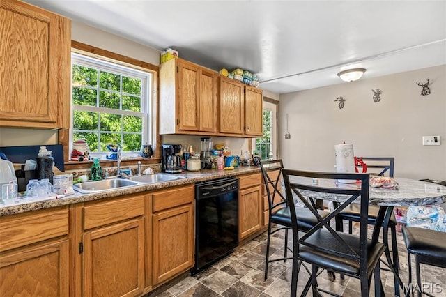 1158 Mulberry St, Bismarck, MO 63624 - kitchen featuring black dishwasher, a sink, stone finish flooring, and brown cabinets
