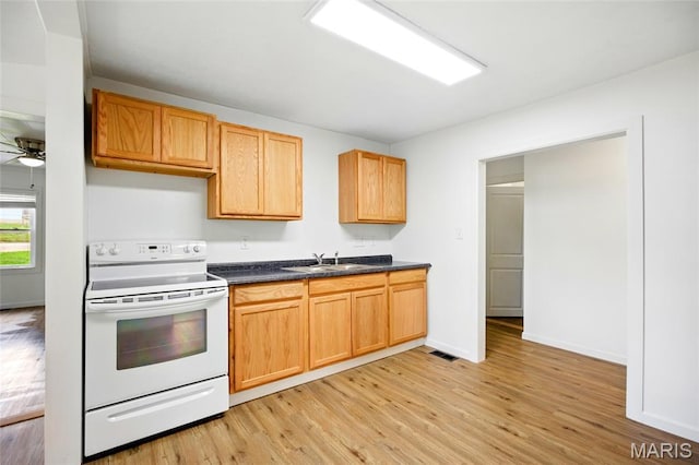 402 N 11th St, De Soto, MO 63020 - kitchen featuring white electric range oven, light wood finished floors, dark countertops, and a sink