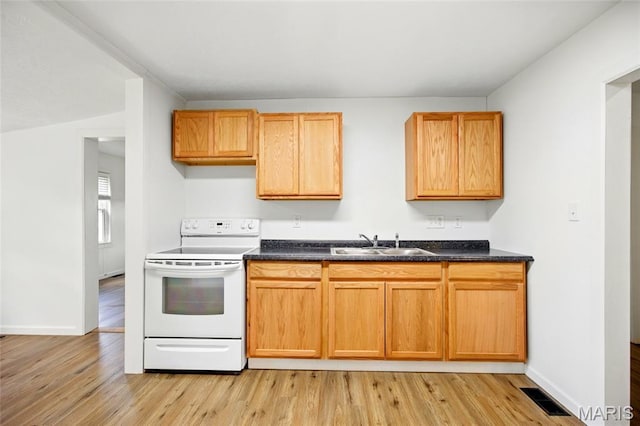 402 N 11th St, De Soto, MO 63020 - kitchen with electric stove, a sink, light wood-style floors, and baseboards