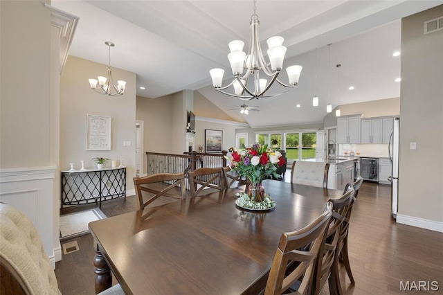 2 Mahogany Run, Farmington, MO 63640 - dining space featuring a chandelier, dark wood-type flooring, lofted ceiling, recessed lighting, and wine cooler