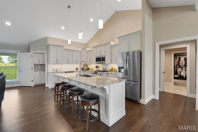 2 Mahogany Run, Farmington, MO 63640 - kitchen with appliances with stainless steel finishes, a sink, light stone countertops, a breakfast bar, and an island with sink