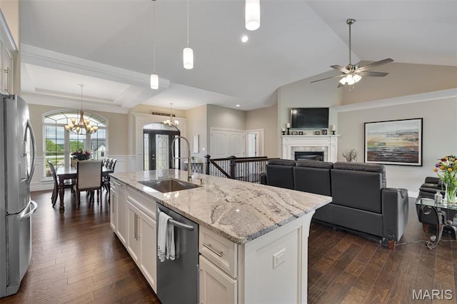 2 Mahogany Run, Farmington, MO 63640 - kitchen with a sink, appliances with stainless steel finishes, a chandelier, a fireplace, and dark wood-style flooring