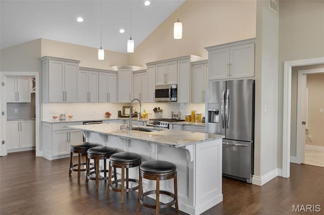 2 Mahogany Run, Farmington, MO 63640 - kitchen with stainless steel appliances, a sink, dark wood-type flooring, light stone countertops, and high vaulted ceiling