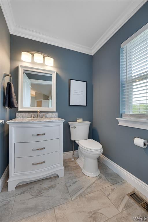 2 Mahogany Run, Farmington, MO 63640 - bathroom featuring crown molding, toilet, marble finish flooring, baseboards, and vanity