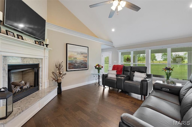 2 Mahogany Run, Farmington, MO 63640 - living area with a ceiling fan, high vaulted ceiling, baseboards, wood finished floors, and a high end fireplace