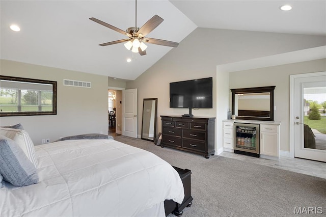 2 Mahogany Run, Farmington, MO 63640 - bedroom featuring wine cooler, high vaulted ceiling, recessed lighting, light carpet, and baseboards