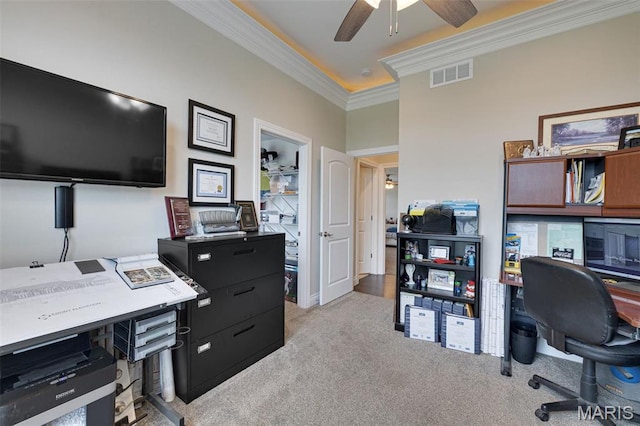 2 Mahogany Run, Farmington, MO 63640 - office featuring crown molding, light colored carpet, and ceiling fan