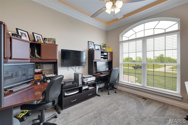 2 Mahogany Run, Farmington, MO 63640 - office with ornamental molding, a ceiling fan, light colored carpet, healthy amount of natural light, and baseboards