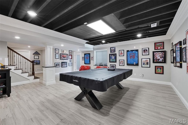 2 Mahogany Run, Farmington, MO 63640 - playroom with light wood-style flooring, baseboards, billiards table, recessed lighting, and ornate columns