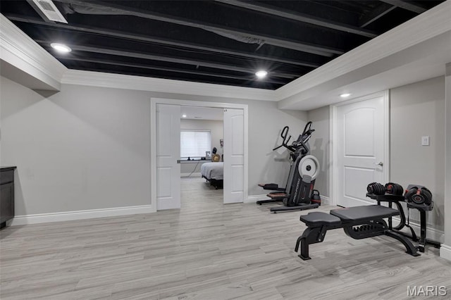 2 Mahogany Run, Farmington, MO 63640 - workout room featuring baseboards, light wood-style floors, ornamental molding, and recessed lighting