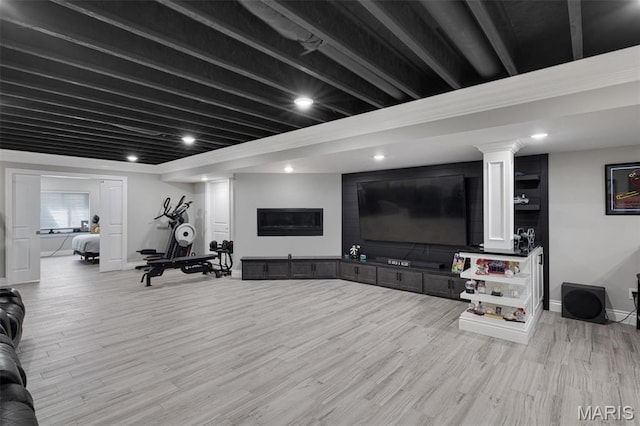 2 Mahogany Run, Farmington, MO 63640 - workout area featuring wood finished floors, decorative columns, baseboards, and recessed lighting