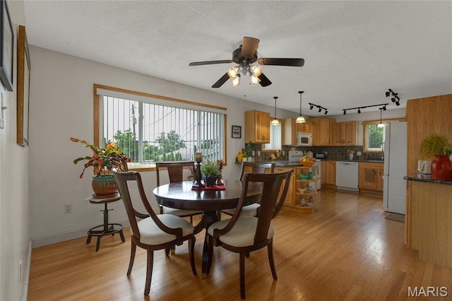 1261 Whispering Winds Dr, Arnold, MO 63010 - dining space with light wood finished floors, a ceiling fan, a textured ceiling, and rail lighting