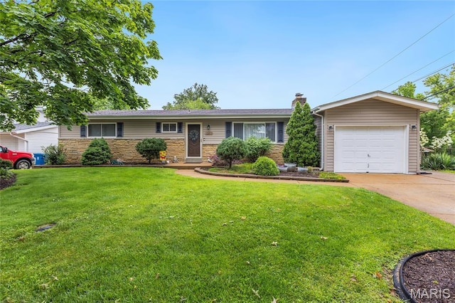 1261 Whispering Winds Dr, Arnold, MO 63010 - ranch-style home featuring a chimney, an attached garage, driveway, and a front yard
