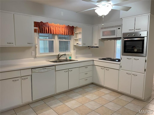 408 Crestview St, Cuba, MO 65453 - kitchen with white appliances, a sink, open shelves, and light countertops