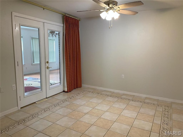 408 Crestview St, Cuba, MO 65453 - spare room featuring light tile patterned floors, ceiling fan, french doors, and baseboards