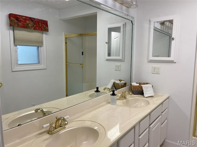 408 Crestview St, Cuba, MO 65453 - bathroom featuring a shower with door and double vanity