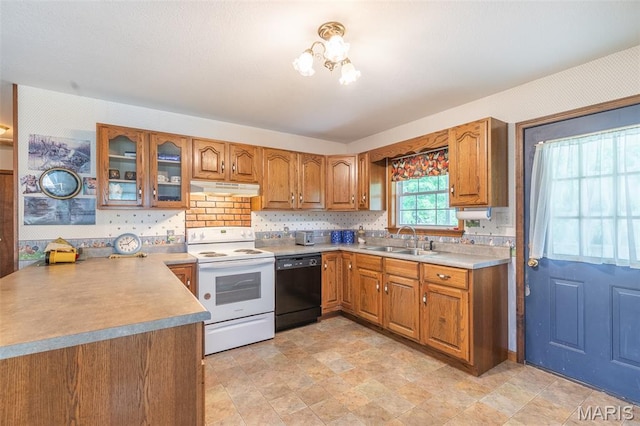 127 Chippewa, Piedmont, MO 63957 - kitchen with white range with electric stovetop, dishwasher, under cabinet range hood, a sink, and brown cabinets