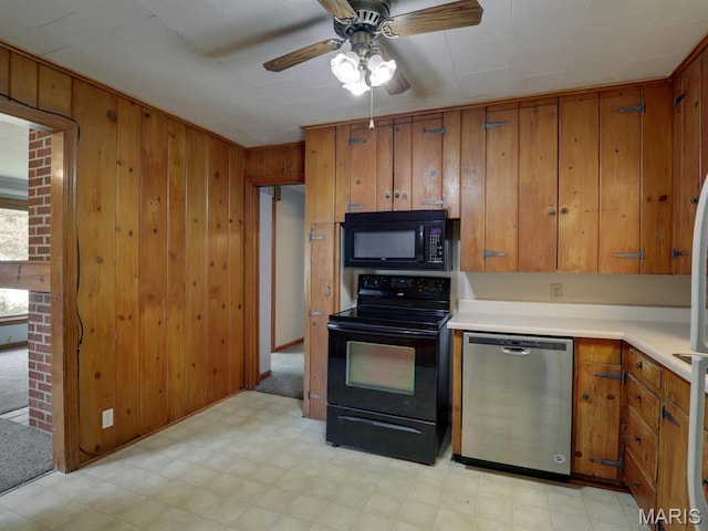 kitchen with black appliances, light floors, brown cabinetry, light countertops, and ceiling fan