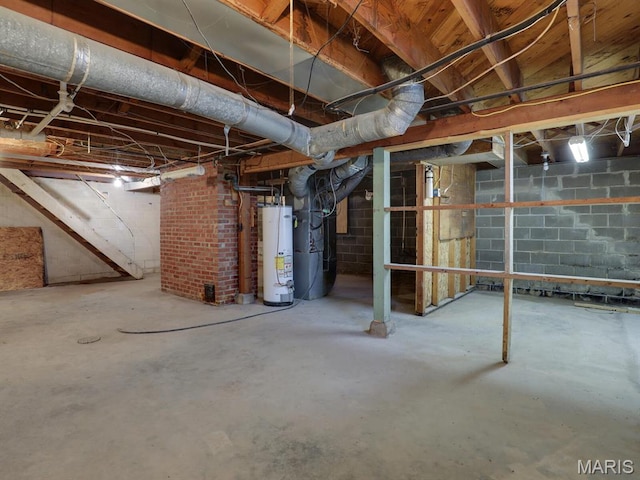 unfinished below grade area with gas water heater and heating unit