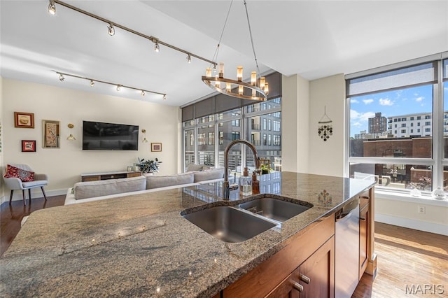 9 N Euclid Ave Unit 303, Saint Louis, MO 63108 - kitchen featuring a sink, wood finished floors, a chandelier, open floor plan, and dishwasher