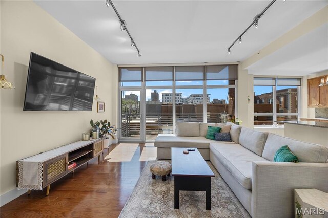 9 N Euclid Ave Unit 303, Saint Louis, MO 63108 - living room with track lighting, wood finished floors, and expansive windows