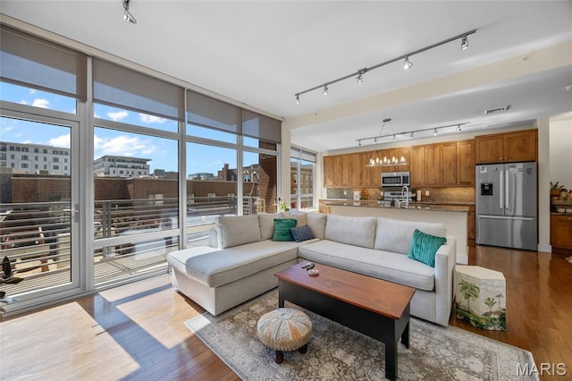 9 N Euclid Ave Unit 303, Saint Louis, MO 63108 - living area featuring plenty of natural light, dark wood-style flooring, track lighting, and floor to ceiling windows