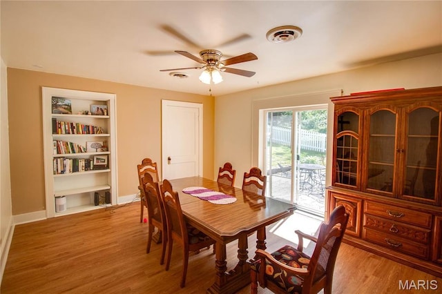 931 Sugarloaf Hill Rd, Dupo, IL 62239 - dining space featuring light wood-style floors, a ceiling fan, built in shelves, and baseboards