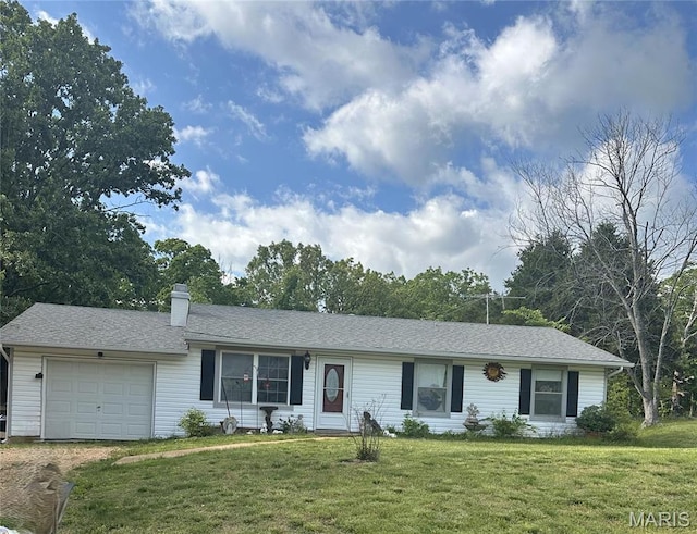 ranch-style house featuring driveway, an attached garage, a front lawn, and a chimney