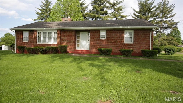209 Highley Ln, Desloge, MO 63628 - ranch-style house featuring a chimney, a front lawn, and brick siding