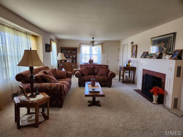 209 Highley Ln, Desloge, MO 63628 - living area with carpet flooring, a fireplace, and a ceiling fan