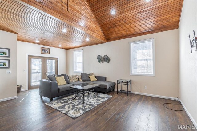 249 Trails End Way, Doniphan, MO 63935 - living room with wooden ceiling, baseboards, hardwood / wood-style floors, recessed lighting, and vaulted ceiling
