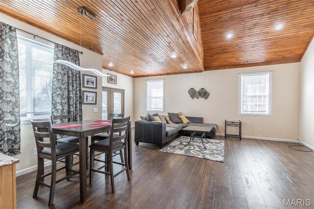 249 Trails End Way, Doniphan, MO 63935 - dining area with wooden ceiling, baseboards, and dark wood finished floors