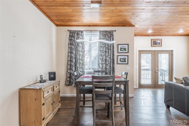 249 Trails End Way, Doniphan, MO 63935 - dining space with wooden ceiling, plenty of natural light, french doors, dark wood-style flooring, and baseboards