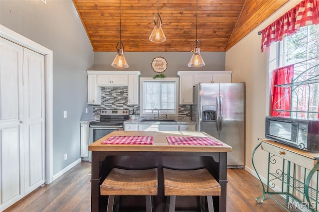 249 Trails End Way, Doniphan, MO 63935 - kitchen featuring appliances with stainless steel finishes, a sink, vaulted ceiling, wooden ceiling, and backsplash
