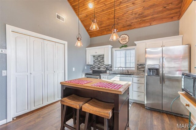 249 Trails End Way, Doniphan, MO 63935 - kitchen featuring appliances with stainless steel finishes, a sink, wooden ceiling, dark wood-style floors, and white cabinetry